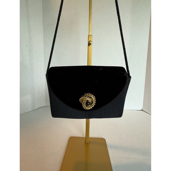 Vintage 1950s Small Black Velvet Purse, Gold Onyx Ornament, Rope Strap Hand Made - Picture 1 of 12